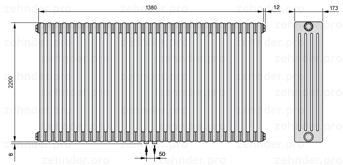 Схема (чертеж) Радиатор Zehnder Charleston 5220/30 №3470 Белый глянцевый RAL 9016